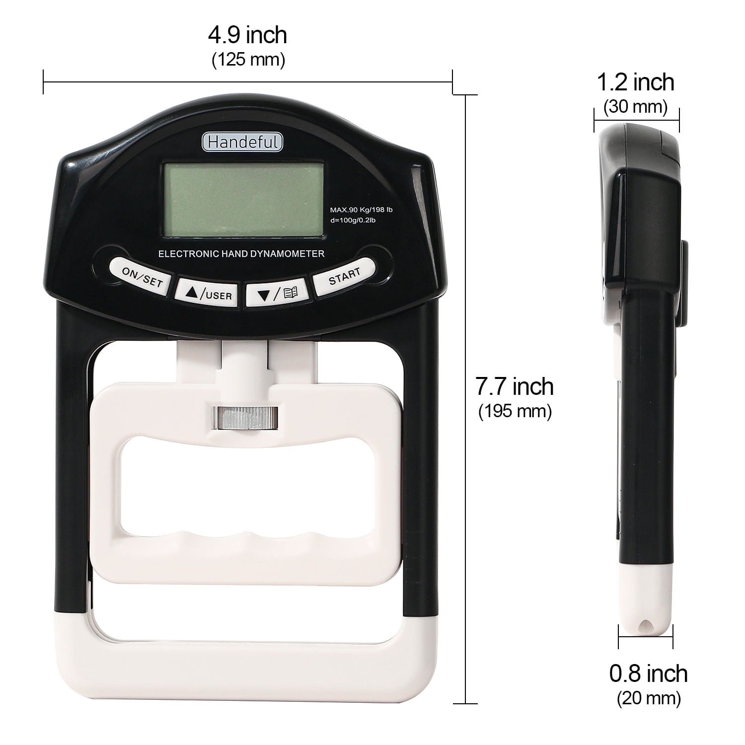 Handeful Grip Strength Tester Trainer - Dynamometer Handgrip Measurer Meter, Handheld Strengthener Exerciser for Sports, School, and Home Use (198Lbs / 90Kgs)