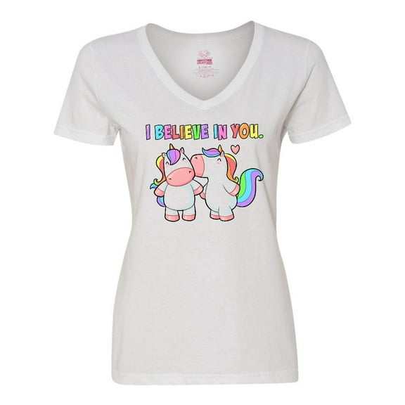 Inktastic I Believe in You Cute Rainbow Unicorns Women's V-Neck T-Shirt