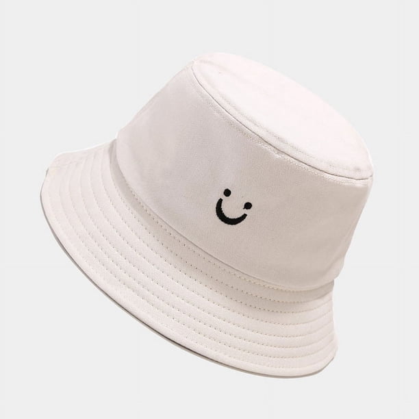 Sombrero de pescador unisex 100 % algodón con bordado de cara sonriente, reversible, para viajes, playa, sol y exteriores