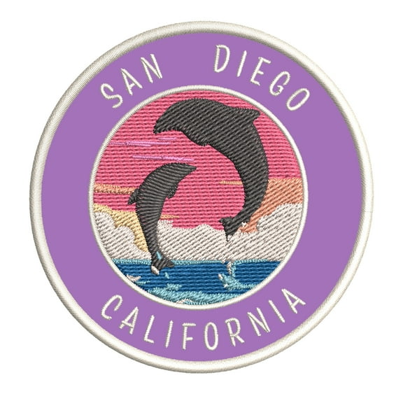 San Diego, California Dolphin Sunset 3.5 Inch Iron Or Sew On Embroidered Fabric Badge Patch Ocean Beach, Salt Life Iconic Series