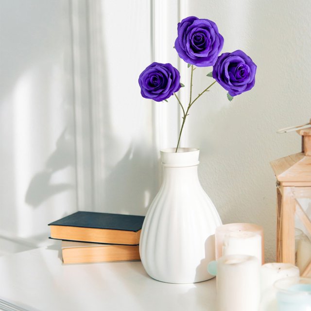1pc Three Headed Artificial Rose Deep Purple 18" Artificial, 1PC Artificial Rose 18 Inch Real Flowers High Simulation Wedding Anniversary Home Decor Dark Brown