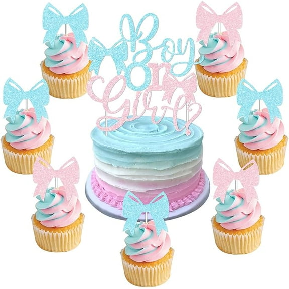 25Pcs Gender Reveal Bow or Tie Cake Topper Bow Themed Gender Reveal Party Decorations Glitter Boy or Girl Cupcake Topper for Bow Theme Party DecorPink and Blue Baby Shower Party Supplies