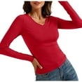 thumbnail image 2 of Mifsaly Layering Tops for Women V-Neck Long Sleeve Slim Fit Crop Top Business Travel Stretchy Basic Tight-Fitted Blouse Fall Winter Thermal Undershirts Red, 2 of 7