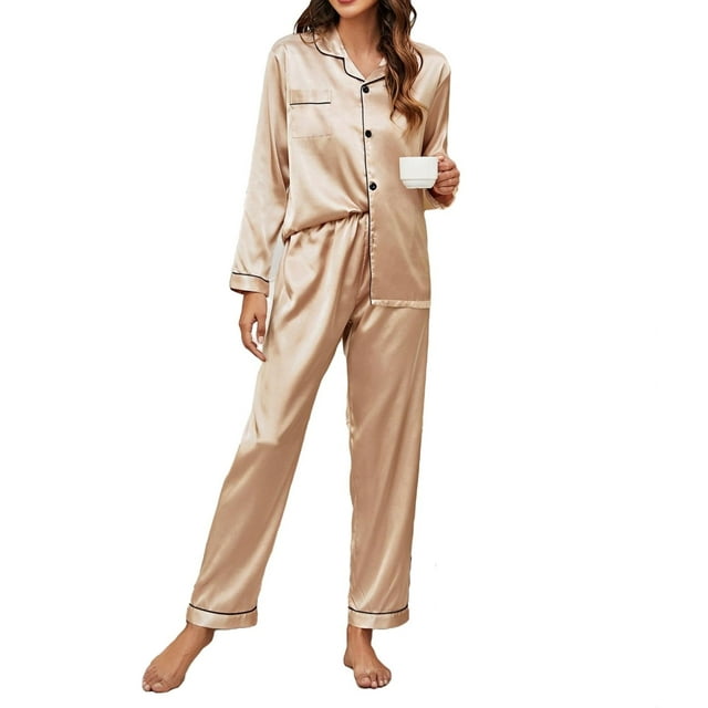 Women's Satin Pajama Set Long Sleeve Top With Pants 2 Pcs Silky Pajama