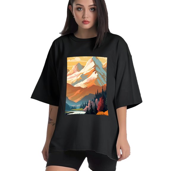Plus Size Shirt for Women Black Tops for Women Short Sleeves Shirt for Women Mountain 6 T Shirt Crewneck Shirt for Women XS