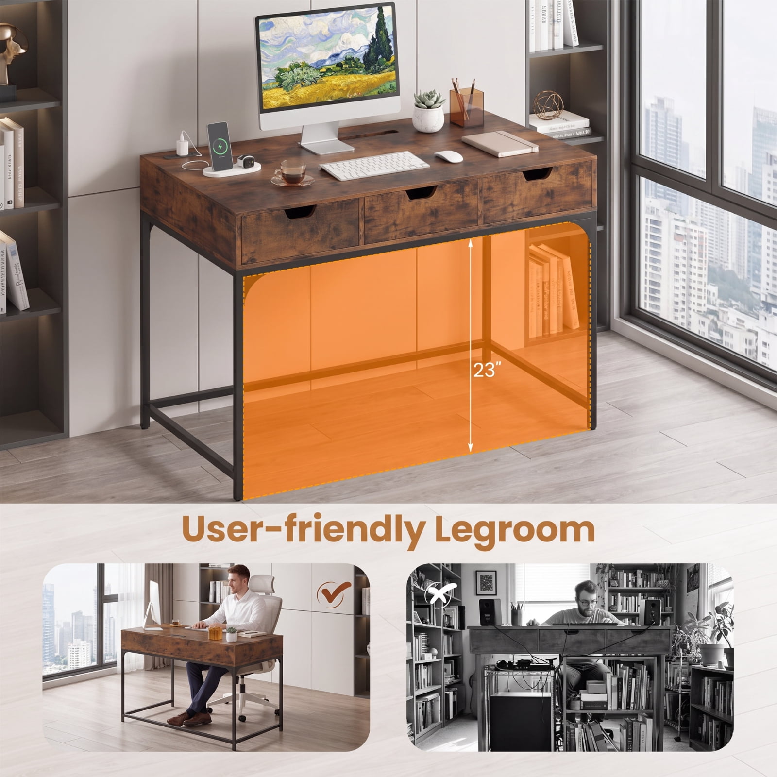 Furnibear Office Desk with Power Outlets and Hidden Compartment Drawers for Home Office Study Computer Desk with Charging Station, Rustic Brown