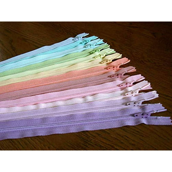 14 Inch Assortment of Pastel Colors YKK Zippers Number 3 Nylon Coil Set of 12 Pieces