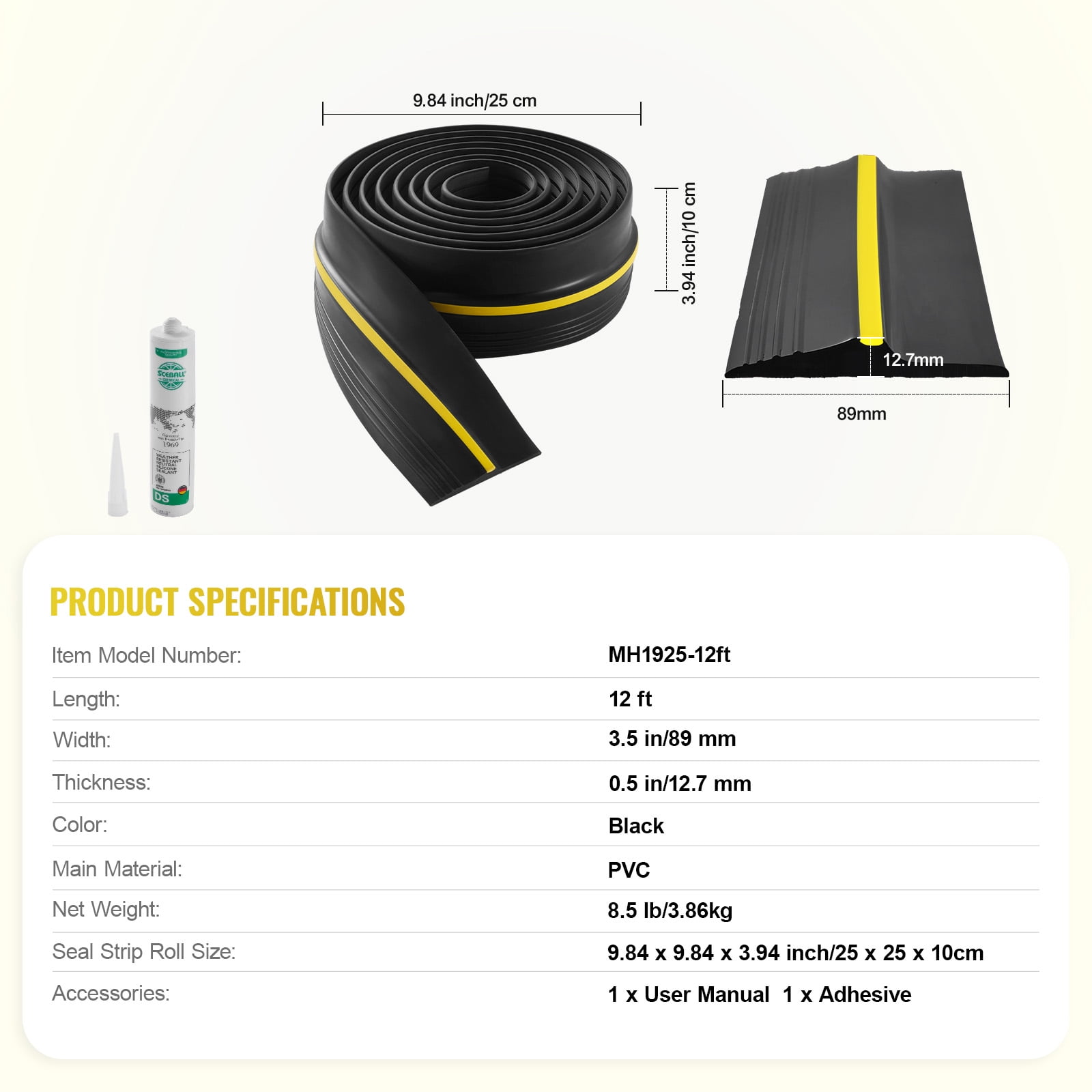 KFFKFF Garage Door Protective Seal Strip, 12 FT Standard Garage Door Ground Seal Strip with Glue, Garage Door Base Climate-Resistant Strip, Enhanced Dense PVC DIY Climate Control Replacement, Black