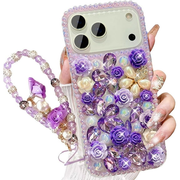 for iPhone 17 Pro Case,Cute Bling Glitter Sparkle Stunning Stones Diamond Rhinestone 3D Handmade Pearl Rose Flower with Wrist Lanyard Strap Cover for Women Girls 6.3'' 2025, Purple