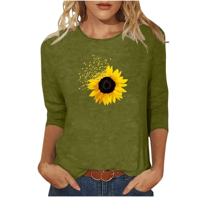 Birdeem Blouses pour Femmes T-Shirt Imprimé Mode Manches 3/4 Blouse Col Rond Hauts Décontractés
