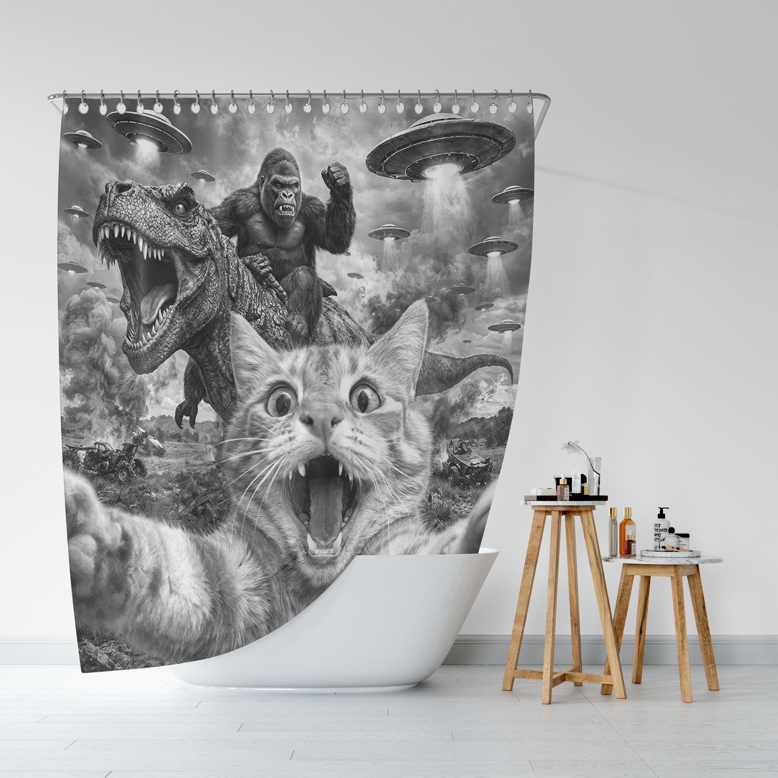 Funny Giant Cat Dinosaur Shower Curtain - Hilarious Selfie Cat UFO Bathroom Curtain Waterproof Fabric Set with 12 Hooks,72X72in