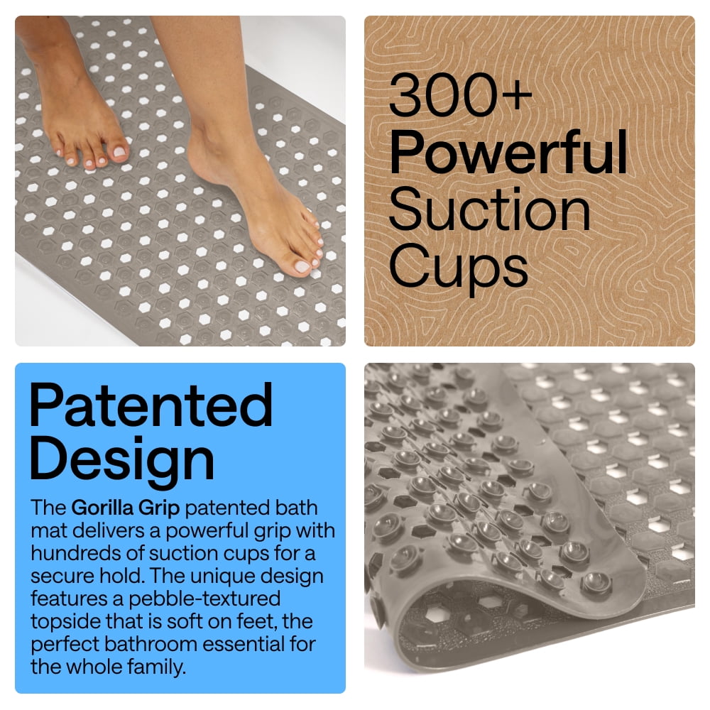 GORILLA GRIP Patented Bath Tub Shower Mat, Machine Washable Bathtub Floor Liner Mats, Suction Cups and Drain Holes to Keep Tubs Clean, Soft on Feet, Bathroom Essentials, 35x16 Inch, Beige