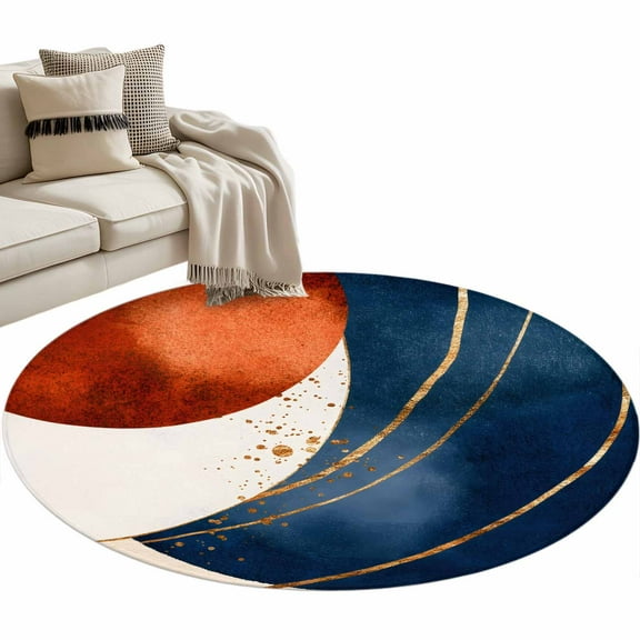 Navy Blue Burnt Orange Round Area Rug 4 FT, Non Slip Indoor Outdoor Rug, Modern Boho Art Geometric Washable Soft Circular Carpet Non-Shedding Floor Mat for Coffee Table Nursery Foyer Balcony