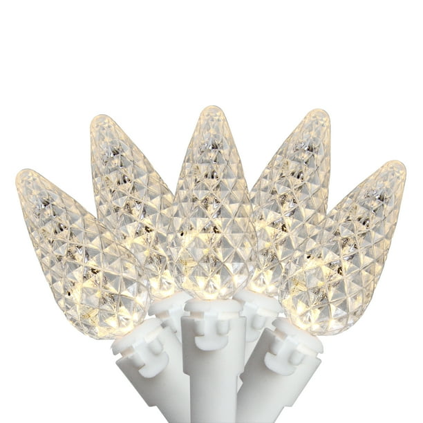 50 Warm White LED Faceted C6 Mini Christmas Lights 16.3 ft White Wire