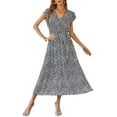 thumbnail image 4 of Femmes Boho Floral Robe Wrap V Cou Manches Courtes Ceinturée Ourlet A-Line Flowy Maxi Robes, 4 of 14