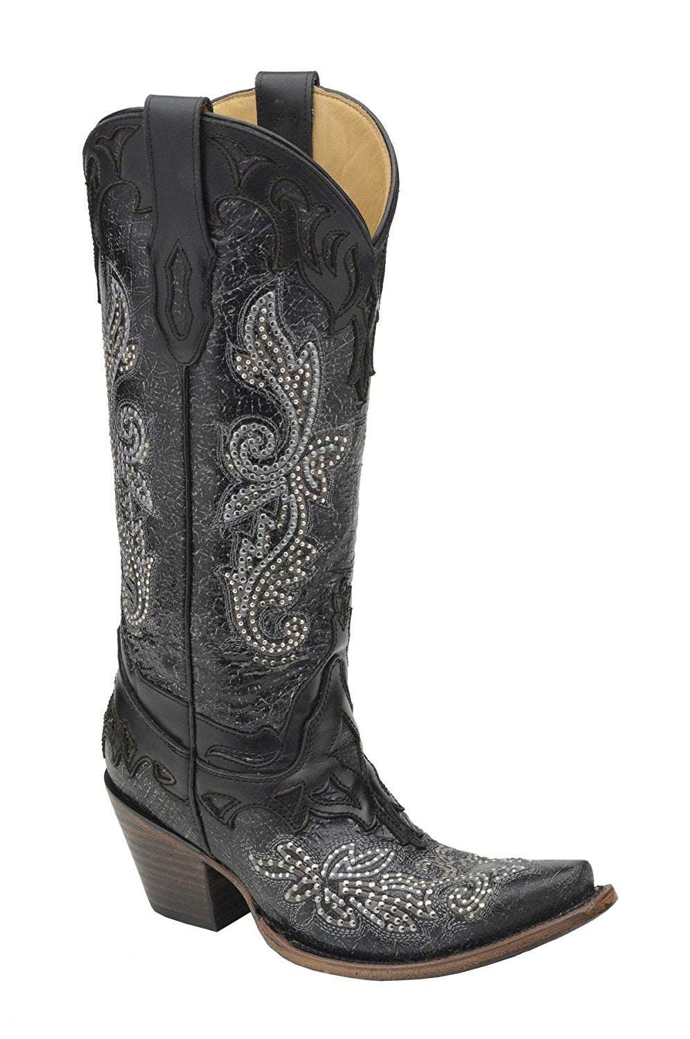CORRAL Women's Black Cowhide Studded Crystal Snip Toe Cowgirl Boots ...