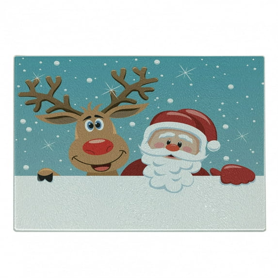 Santa Cutting Board, Rudolph Deer and Santa Claus Greeting the New Year Happily in Cartoon Style, Decorative Tempered Glass Cutting and Serving Board, Small Size, Multicolor, by Ambesonne