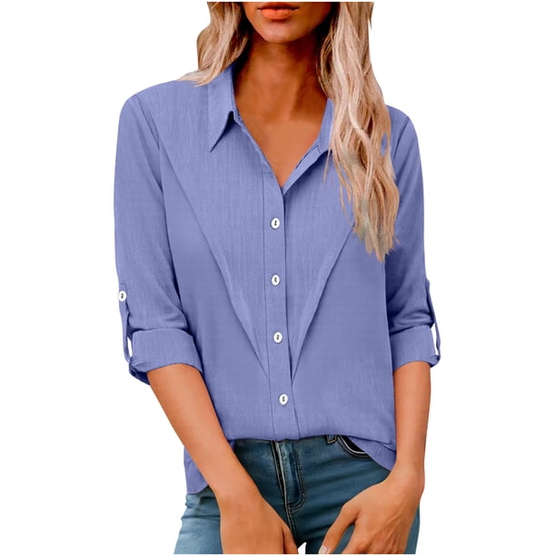 Camisas de Manga Larga para las Mujeres Blusa de Túnica de Imitación de Botón de Solapa de Ajuste Suelto con Tela Suave, Top de Verano Transpirable para Uso Diario Informal