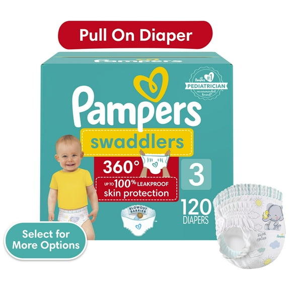 Pampers Swaddlers 360 Pull-On Diapers, Size 3, 120 Count for up to 100% Leakproof Skin Protection and Easy Changes