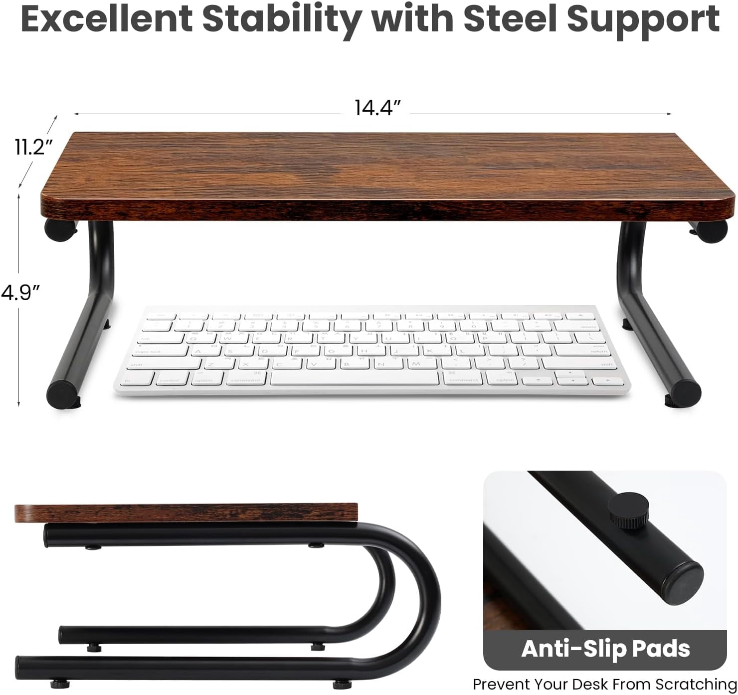 Monitor Riser for Desk, Wood & Metal Computer Monitor Stand, Laptop, PC, Printer Stand Riser, Rustic Brown