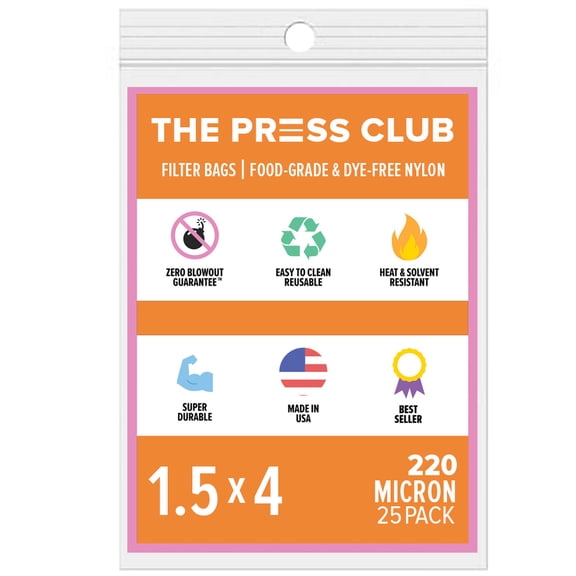The Press Club 220 Micron Premium Nylon Tea Filter Press Screen Bags, 1.5" x 4" Inch, 25 Pack
