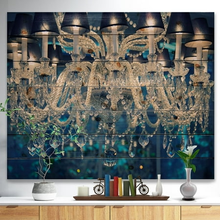Paint Pine Wood DESIGN ART Designart 'Blue Vintage Crystal Chandelier' Modern Print on Natural Pine Wood - Blue ()