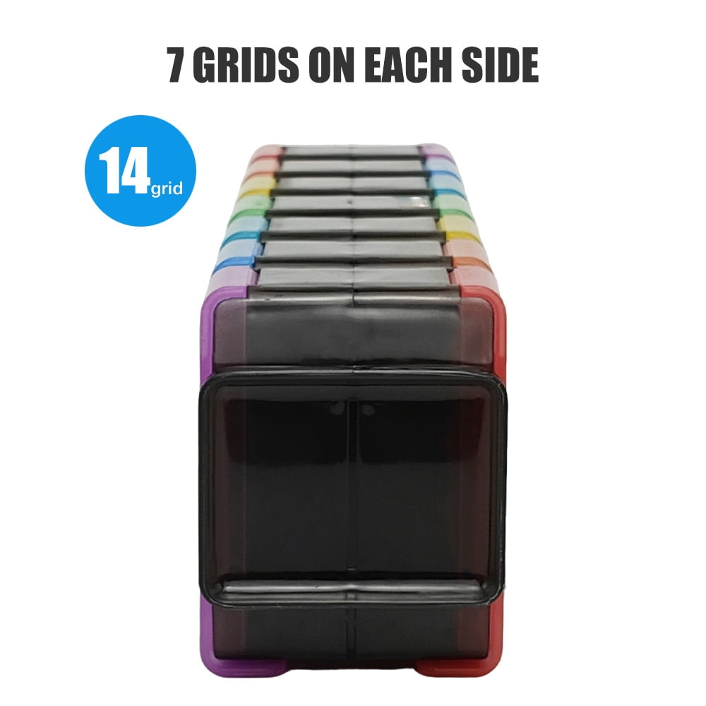 AuraQen 7-Day Weekly Pill Organizer - Food Grade PC Medication Box with 14 Color-Coded Compartments (40x60 Inches) - Independent Lids for AM/PM Dosing