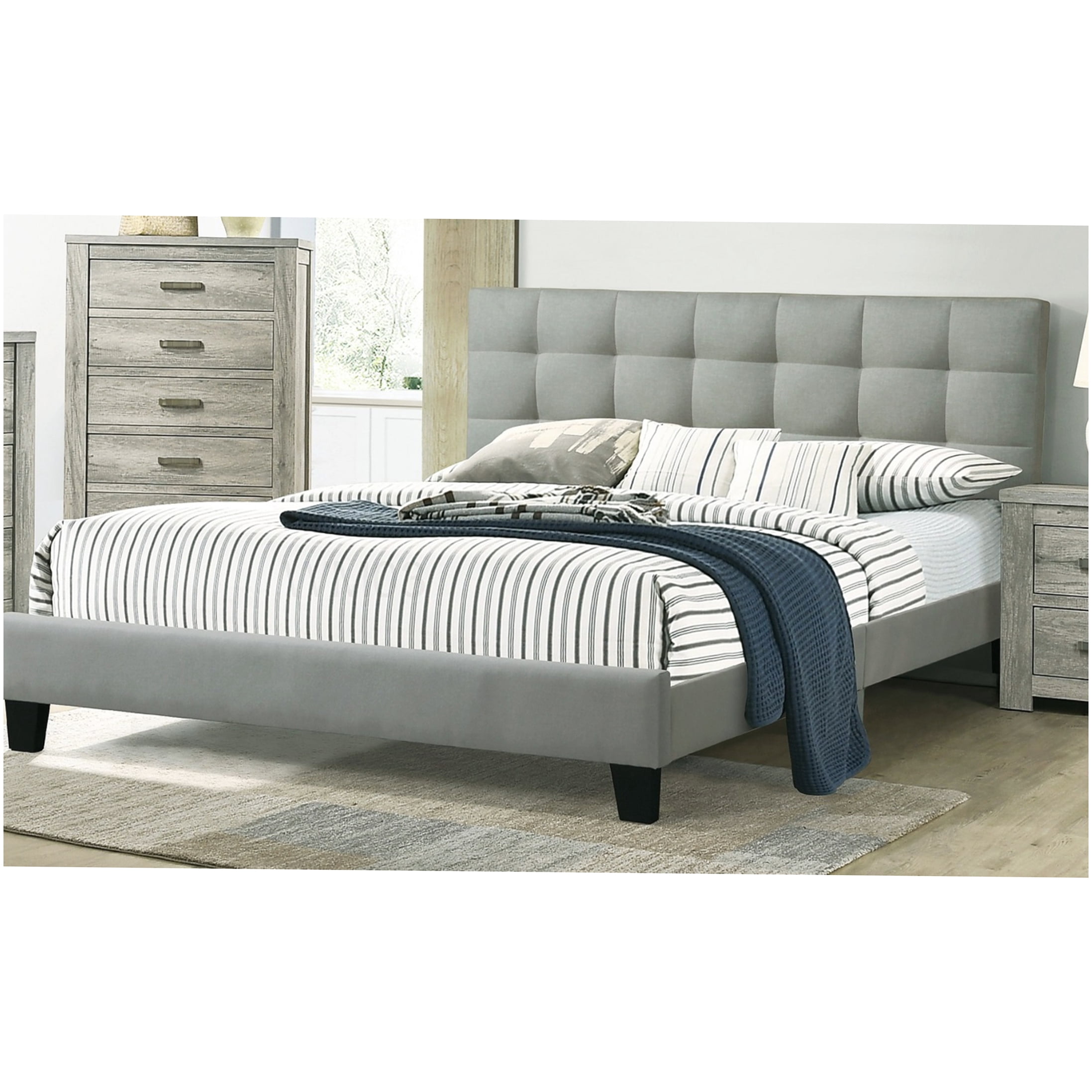 Modern Queen Bed Frame with Upholstered Headboard, Light Grey Fabric Platform Bed, No Box Spring Required
