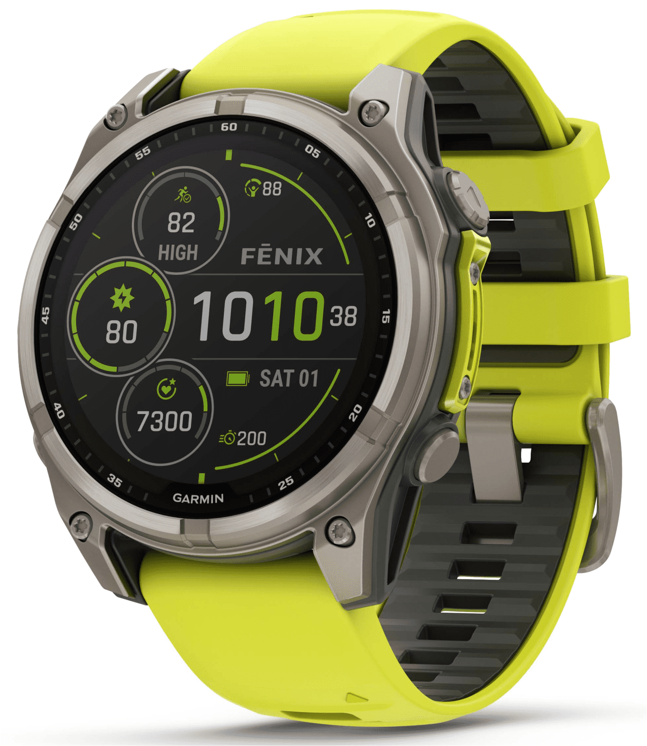 Garmin Fenix 8 47 mm Multisport GPS Smartwatch, Solar, Sapphire, Titanium with Amp Yellow/Graphite Silicone, Built-in LED Flashlight with Wearable4U Black EarBuds Bundle