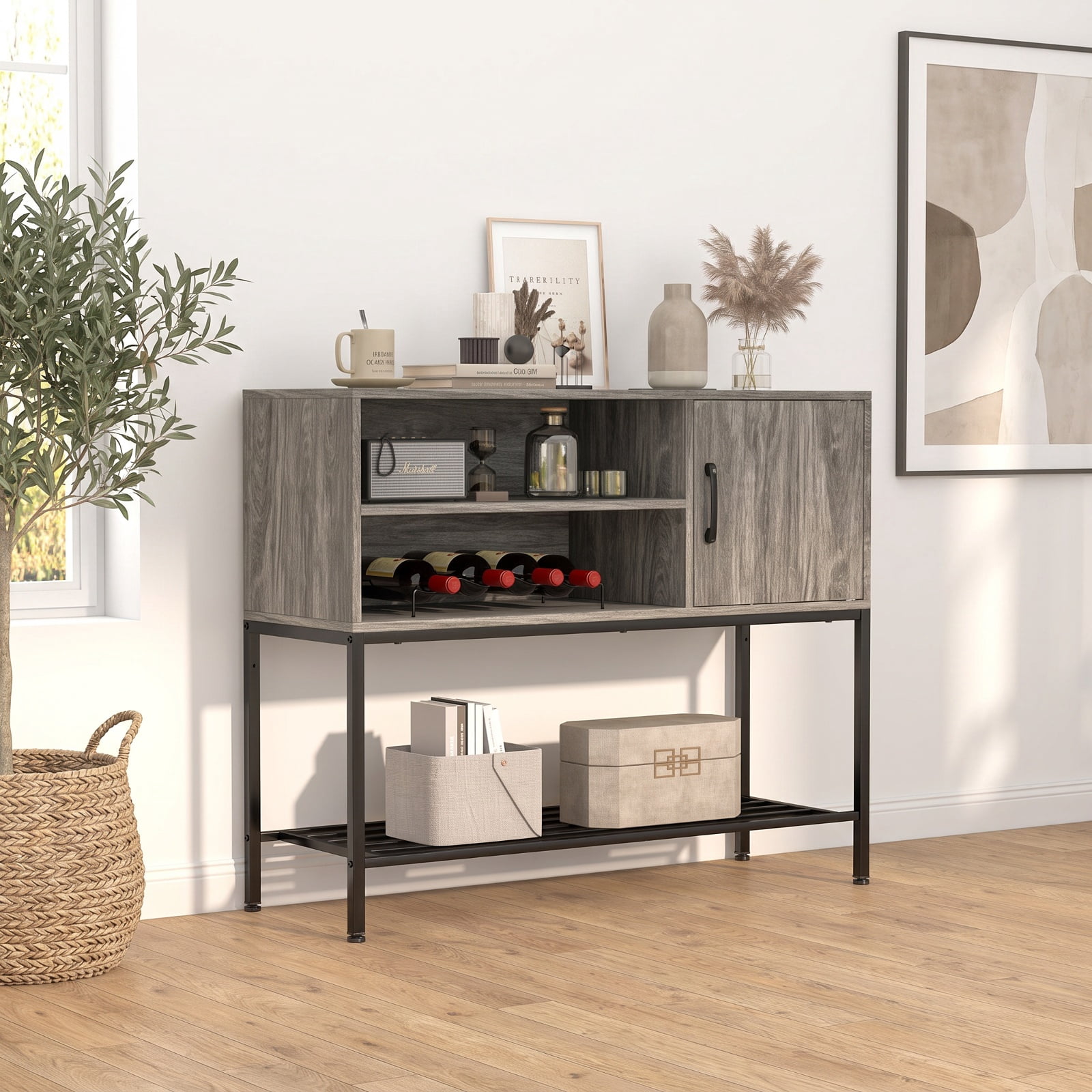 Furnibear Buffet Sideboard Coffee Bar Cabinet with Power Outlets and USB Ports for Kitchen Dining Living Room Buffet Storage Server, Gray