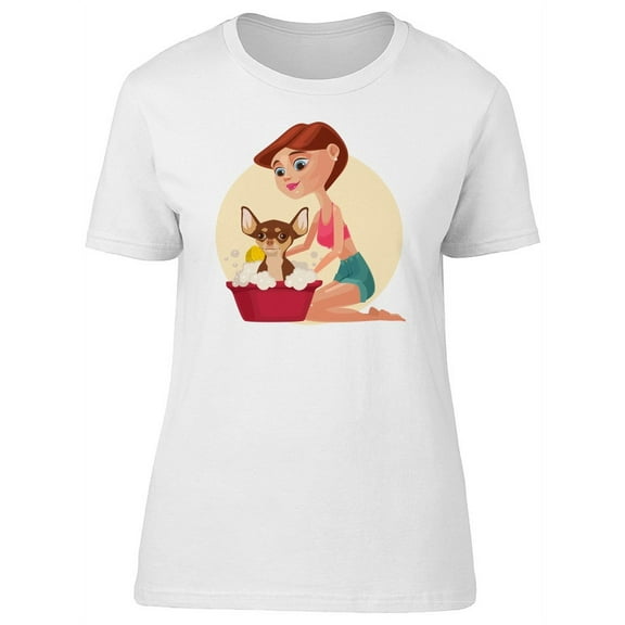 Cute Girl Giving A Bath To A Dog T-Shirt Women -Image by Shutterstock, Female Large