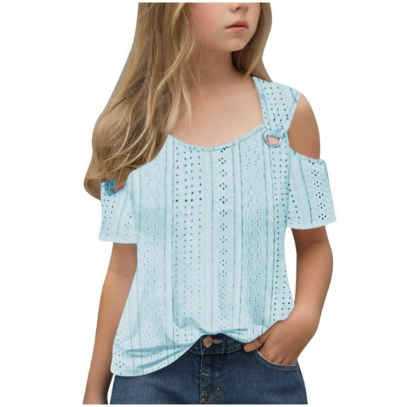 Gamivast Eyelet Tops for Girls 2025 Summer Trendy Cold Shoulder Eyelet Tops Sexy Hollow Out Short Sleeve T Shirts Loose Casual Vacation Tunic Tees Black 6-8 Camiseta De Para Niños