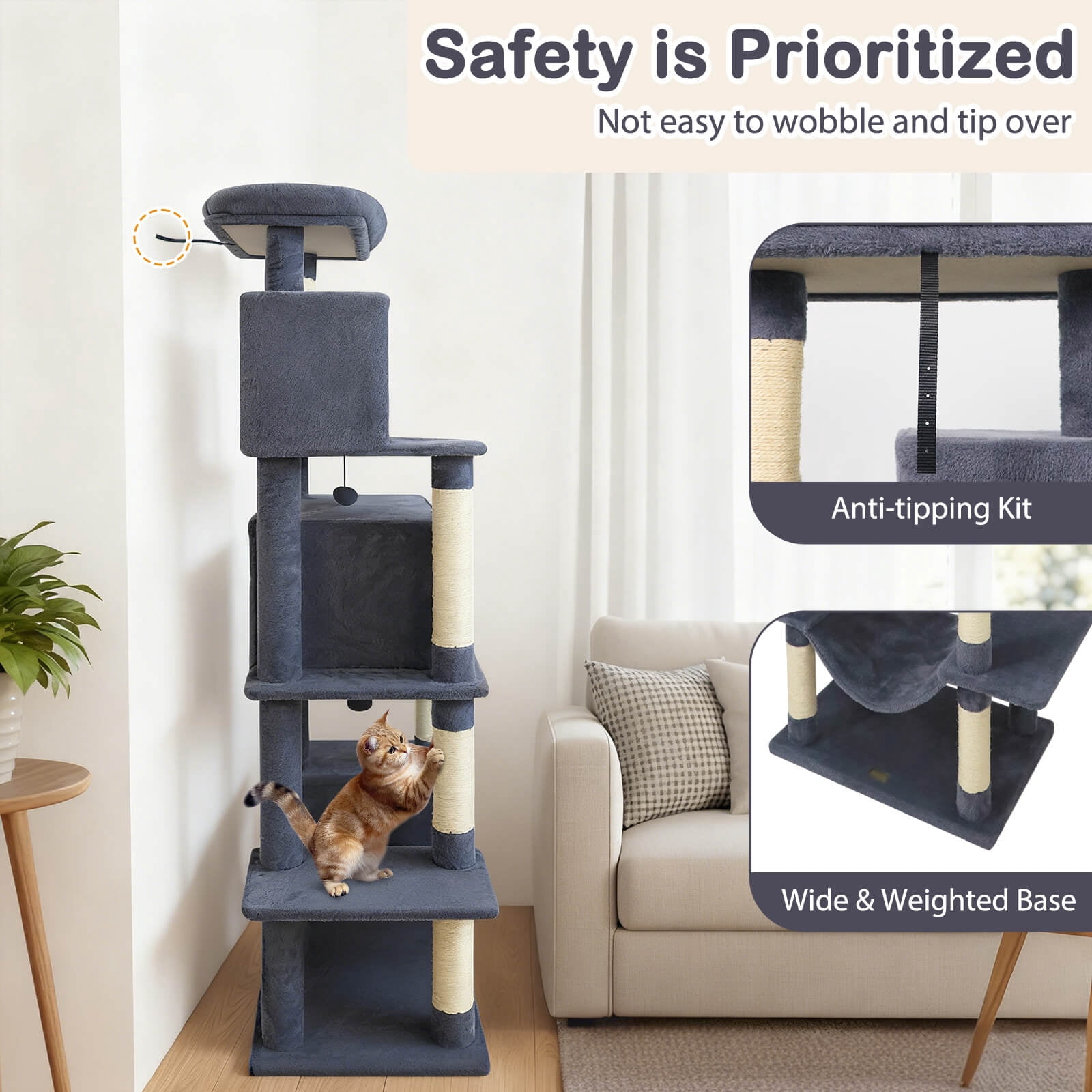 Costway 70” Large Cat Tree for Indoor Cats with Plush Top Perch, Dual large Condos, Hammock Dark Gray