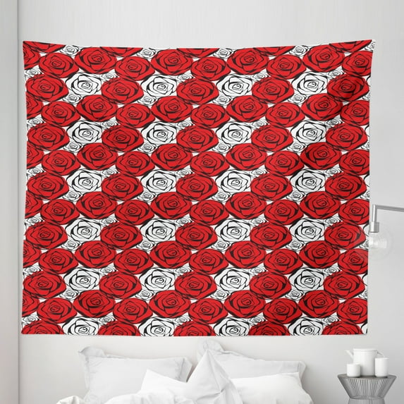 Feminine Tapestry, Roses with Black Contours in Retro Style Feminine Nature Inspired, Fabric Wall Hanging Decor for Bedroom Living Room Dorm, 5 Sizes, Scarlet White Black, by Ambesonne