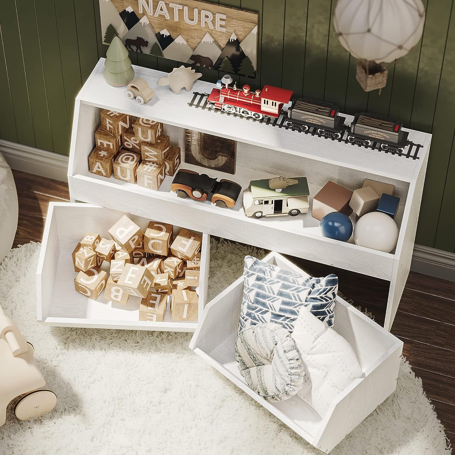 New Kids Toy Storage Organizer, Muti-Functional Bookcase and Storage Bin with Moveable Drawers, Children Toddler Storage Carbinet for Playroom, Bedroom, Nursery