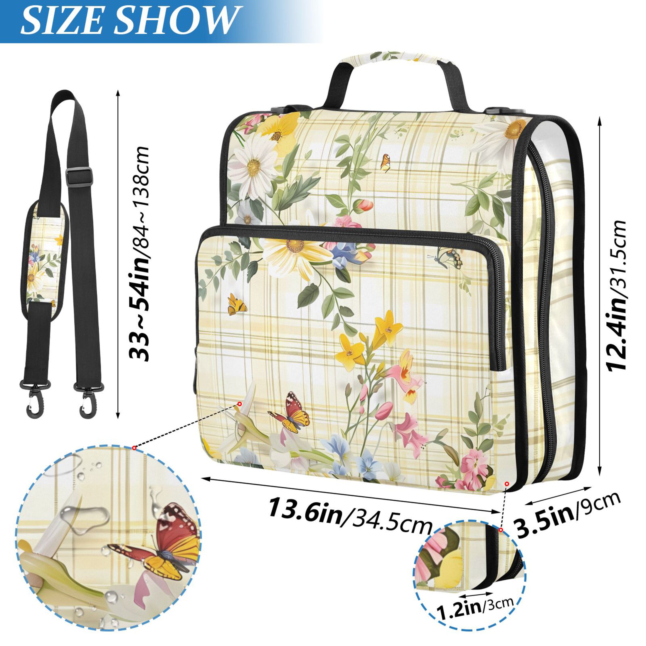 3 Ring Zipper Binder with Shoulder Strap Waterproof Trapper Keeper 2 Inch D-Ring 500 Sheets Capacity Flowers and Butterflies on Plaid
