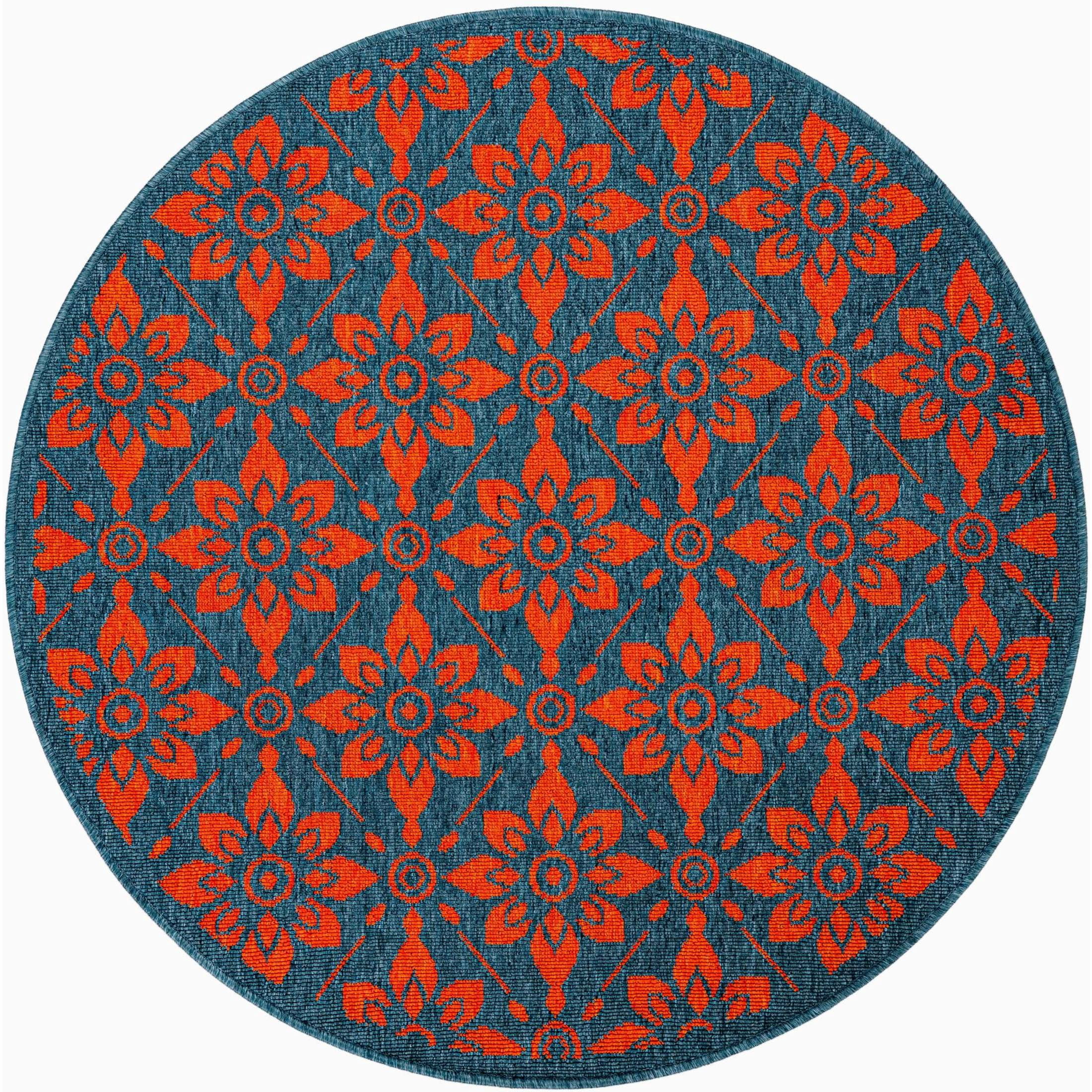 Unique Loom Outdoor Trellis Collection Area Rug - Tiles (4' 1" Round Blue and Red)
