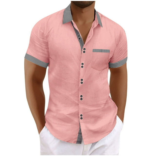 Mens Manga Corta Botón Abajo Camisas Bolsillo de Cuello Turndown de Negocios, Moda Algodón/Blusa de Mezcla de Lino