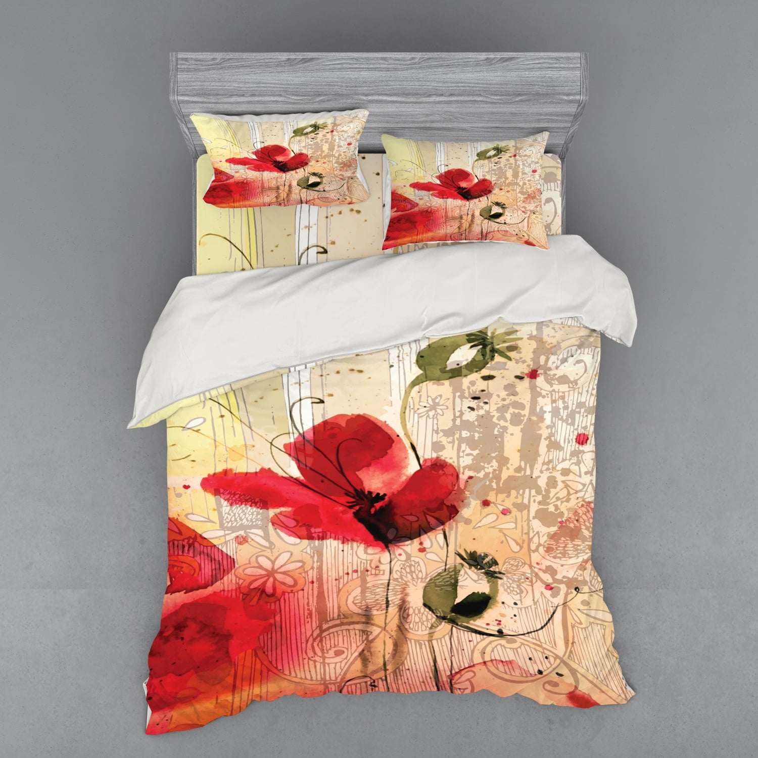 Flower Duvet Cover Set, Red Poppy Flower Paint Brush Effect Beige