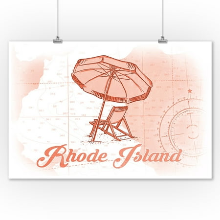 Rhode Island - Beach Chair & Umbrella - Coral - Coastal Icon - Lantern Press Artwork (9x12 Art Print, Wall Decor Travel