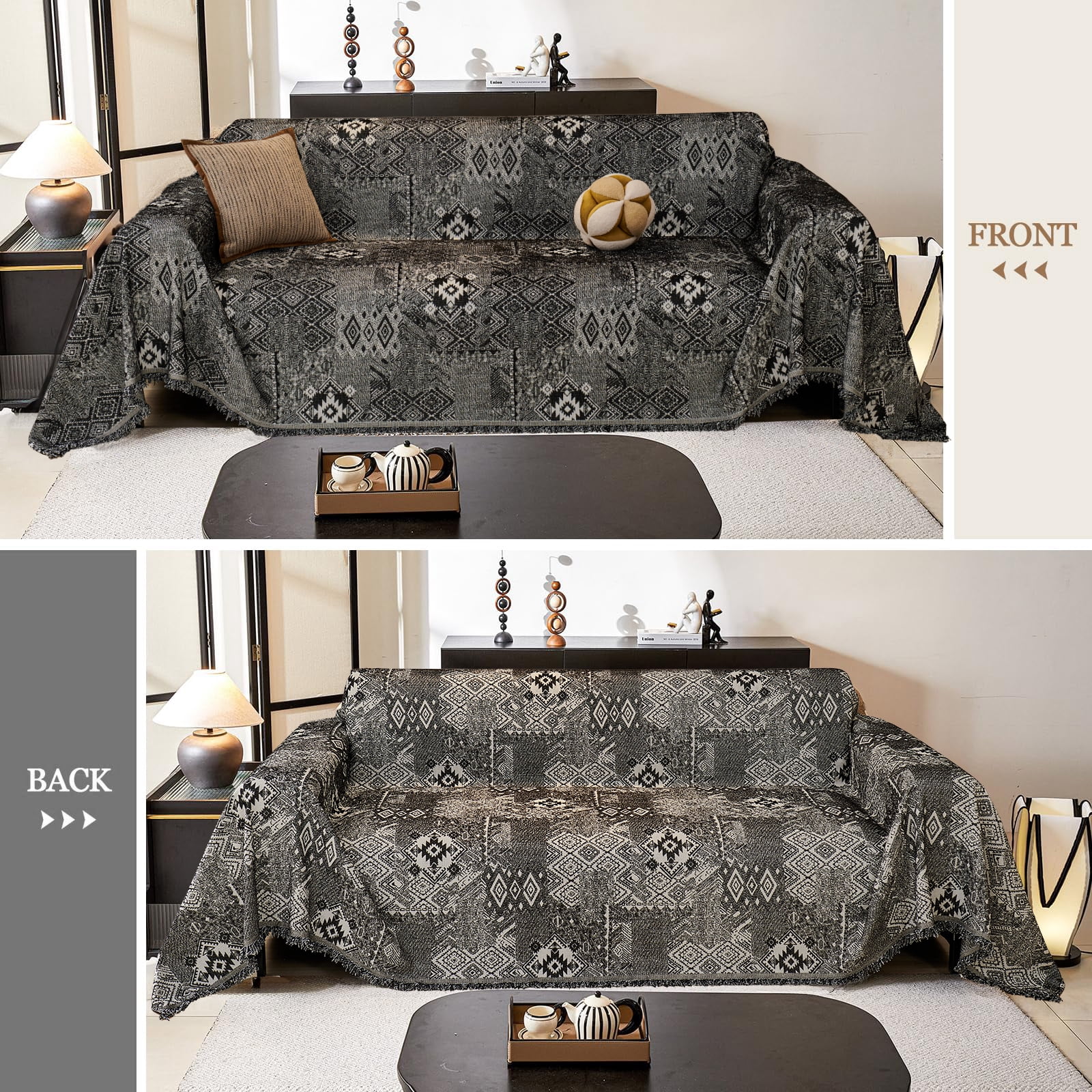 Sanmadrola Reversible Sofa Covers for Sectional Sofa, Couch Slipcover for Dogs Pet, Chenille Throw Covers with Tassels, Loveseat Futon L Shaped Couch Cover Washable Furniture Protector, 71" x 134"