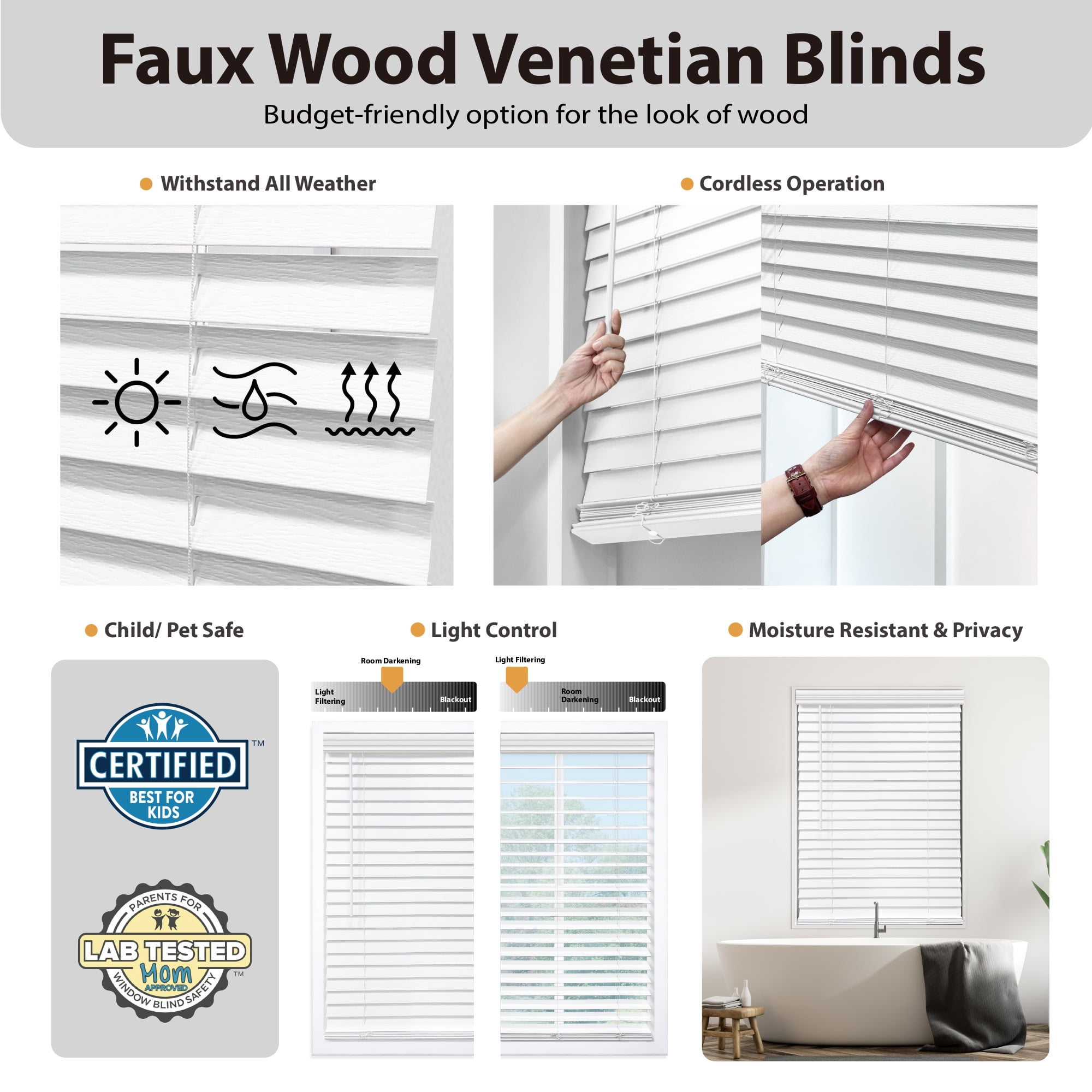 Regal Living Dark Oak Cordless Room Darkening Textured Faux Wood Blinds, 64.5" W x 48" L
