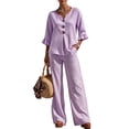 thumbnail image 2 of Women's 2 Piece Linen Matching Set V Neck Ruffle 3/4 Sleeve Button Down Gingham Plaid Top Wide Leg Pants Casual Outfit, L, 2 of 7