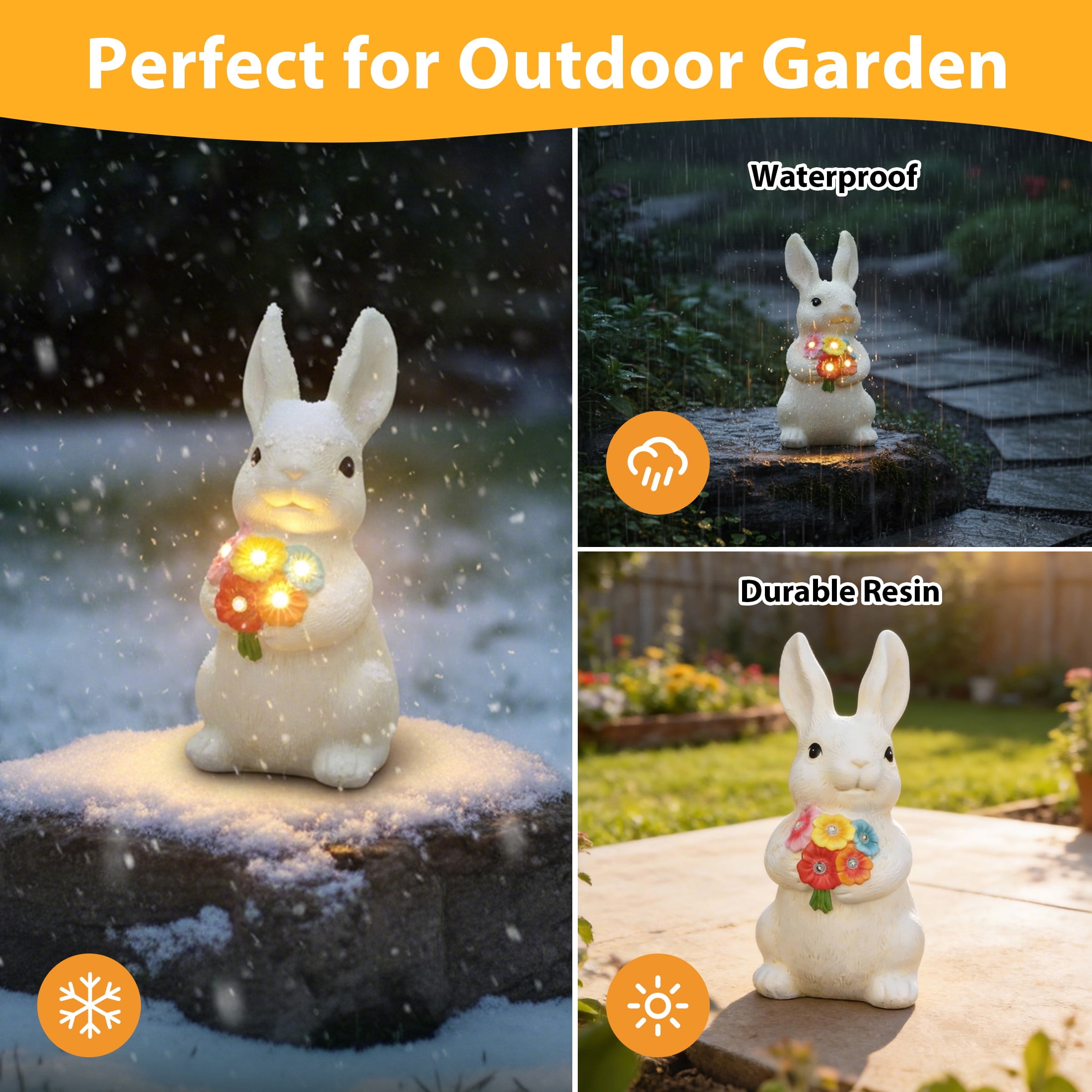 The Growing Ground Solar Bunny Garden Statue with LED Light, Outdoor Resin Rabbit Lawn Decor for Garden, Patio, Pathway, 10.4"H, Cream