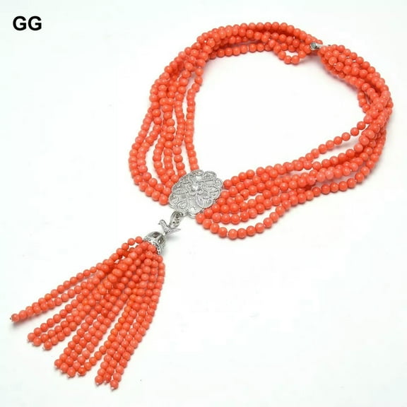 K-KED 6 Strands 5MM Orange Coral Necklace Coral pendant necklace 20"