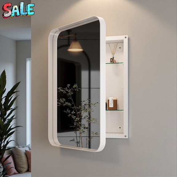 Tcbosik Metal Frame Recessed or Wall Mounted Rectangle Mirror Cabinet, 15.7"x23.6", Bathroom Medicine Cabinet w/ Adjustable Tempered Glass Shelves, White