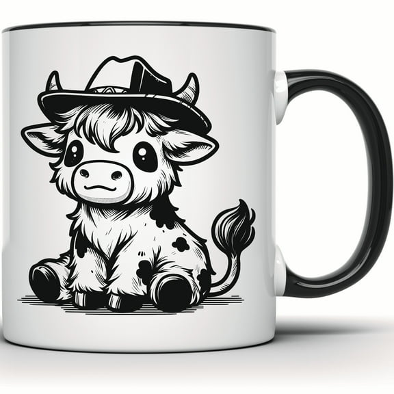 Cute Cow Mug - Cowboy Hat Animal Art - Farmhouse Decor Coffee Mug - Funny Cow Lover Gift - Black and White Cattle Design - Ceramic Mug - 11 Ounce Black Rim Handle Novelty Coffee Cup - WMUG1002-BLK