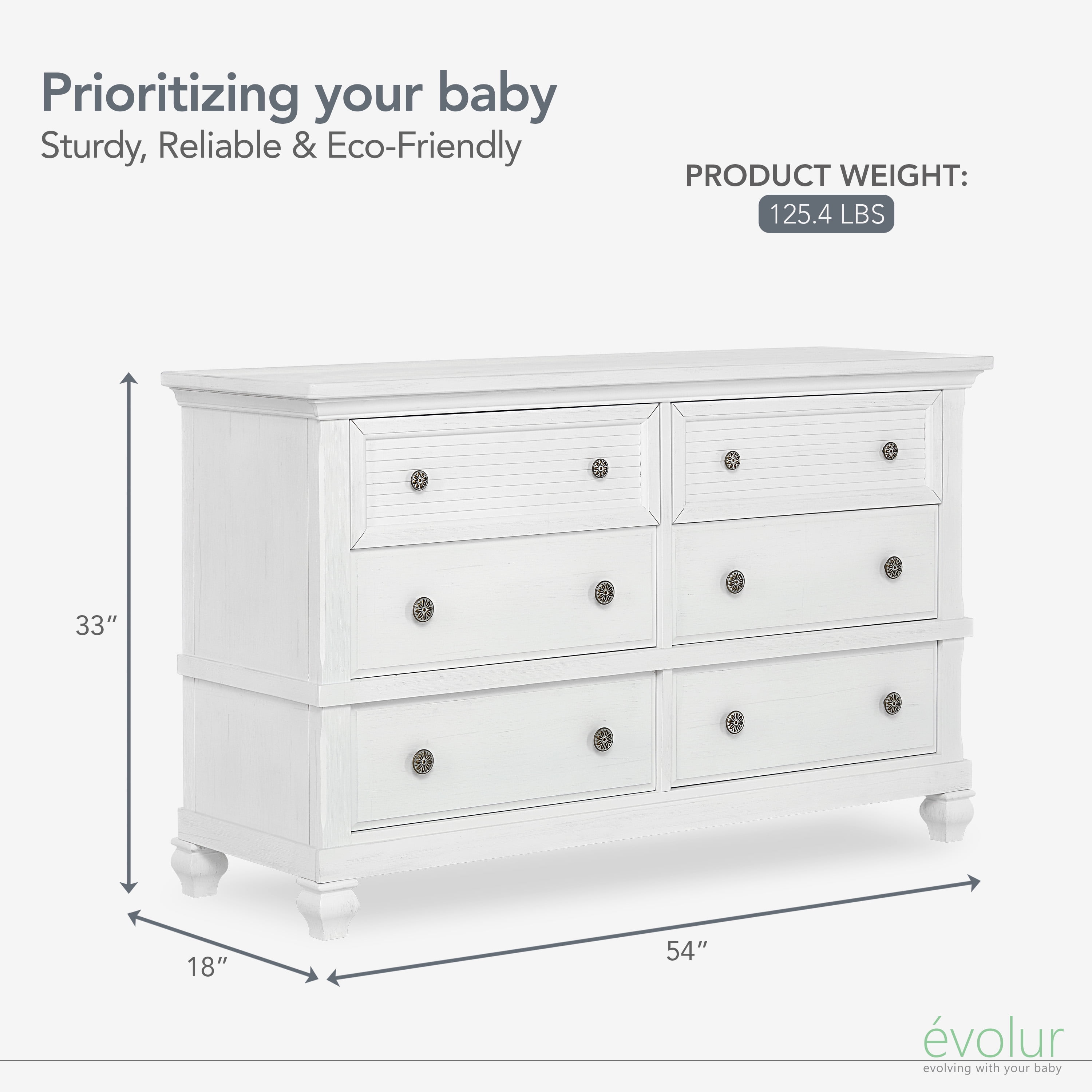 Evolur Signature Cape May Double Dresser, Weathered White, 6 Drawers