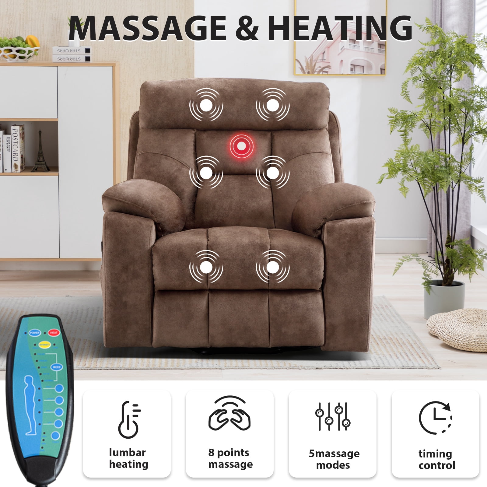 Bonzy Home Fabric Power Lift Recliner Chair with Massage, Heat Therapy, Hidden Cup Holders and Side Storage Pocket for Elderly Daily Home Use
