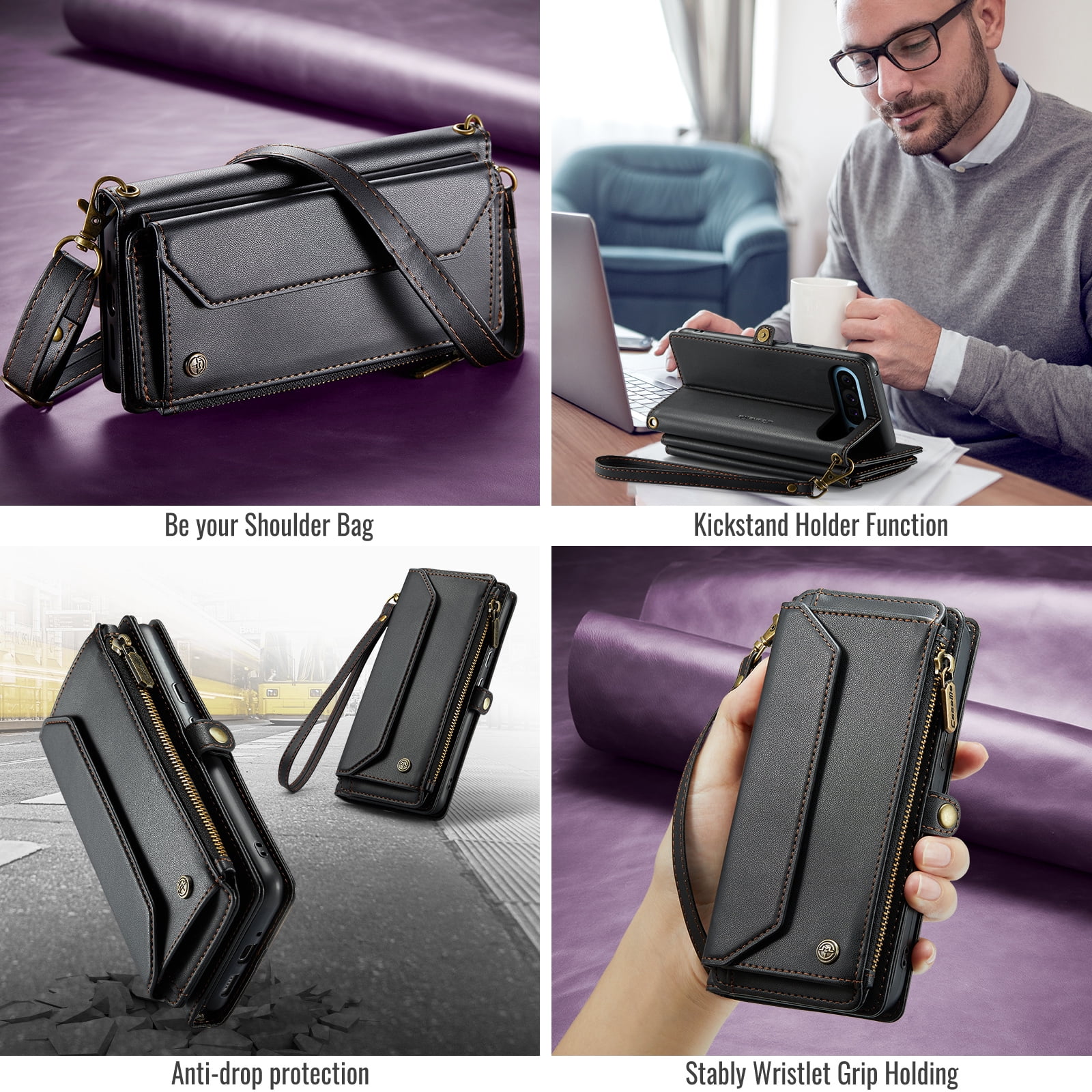 for Google Pixel 7a Full Body Protection Wallet Folio Flip Case, Shoulder Strap & Wristlet Card Slots Zipper Pocket RFID Blocking Rugged Durable PU Leather Phone Case Cover, Black